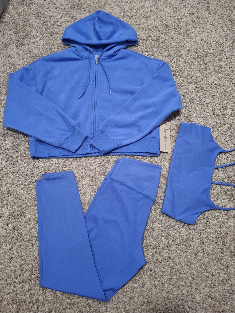 Harmony Balance Blue Activewear 3-Piece Set - Hoodie Leggings Sports Bra. Medium